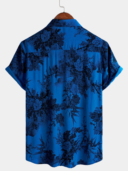 Men's Blue Vintage Floral Summer Holiday Hawaiian Breathable Button Up Short Sleeve Shirt