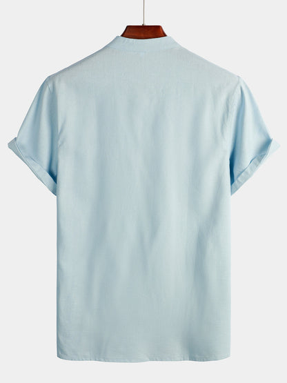 Men's Solid Color Stand Collar Half Button Pocket Front Shirt