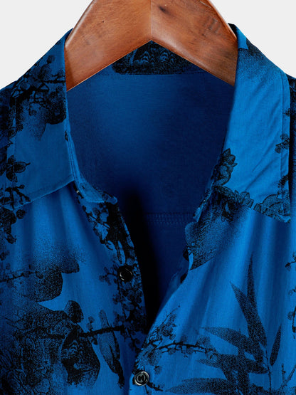 Men's Blue Vintage Floral Summer Holiday Hawaiian Breathable Button Up Short Sleeve Shirt