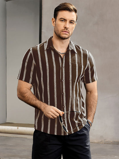 Men's Summer Striped Pocket Button Up Short Sleeve Hawaiian Shirt