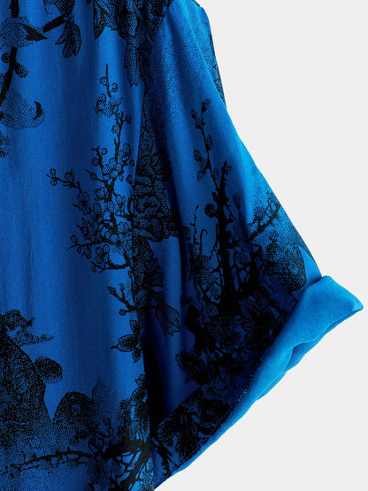 Men's Blue Vintage Floral Summer Holiday Hawaiian Breathable Button Up Short Sleeve Shirt