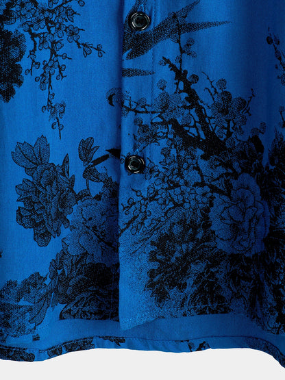 Men's Blue Vintage Floral Summer Holiday Hawaiian Breathable Button Up Short Sleeve Shirt