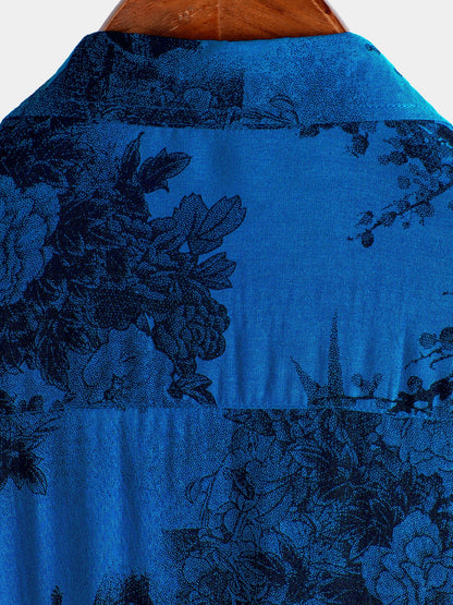 Men's Blue Vintage Floral Summer Holiday Hawaiian Breathable Button Up Short Sleeve Shirt
