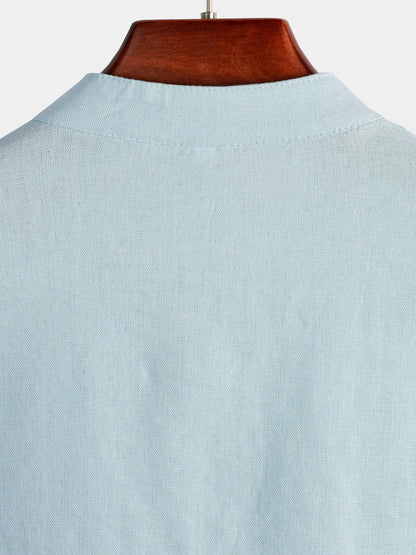 Men's Solid Color Stand Collar Half Button Pocket Front Shirt