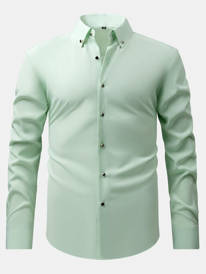 Long Sleeve Dress Shirt with Faux Gemstone Metal Rim Buttons