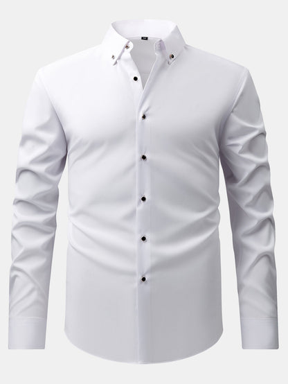 Long Sleeve Dress Shirt with Faux Gemstone Metal Rim Buttons
