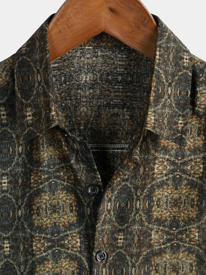 Men's Cotton Vintage Short Sleeve 70s Retro Summer Button Up Shirt