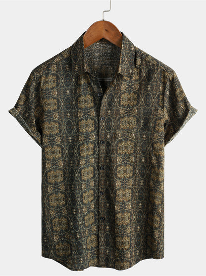 Men's Cotton Vintage Short Sleeve 70s Retro Summer Button Up Shirt