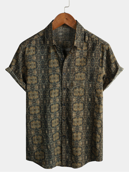 Men's Cotton Vintage Short Sleeve 70s Retro Summer Button Up Shirt
