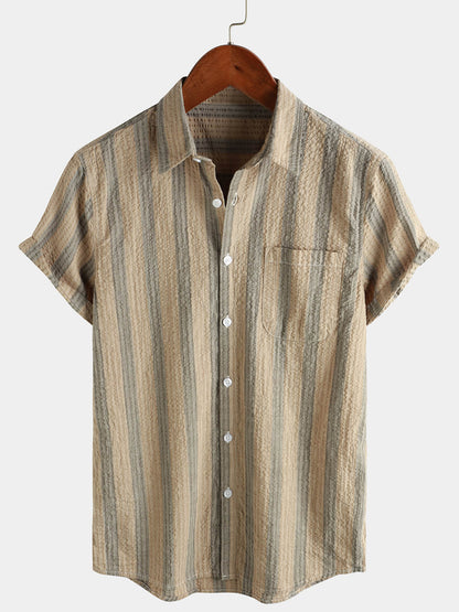 Men's Striped Cotton Casual Pocket Hawaiian Holiday Button Up Short Sleeve Shirt