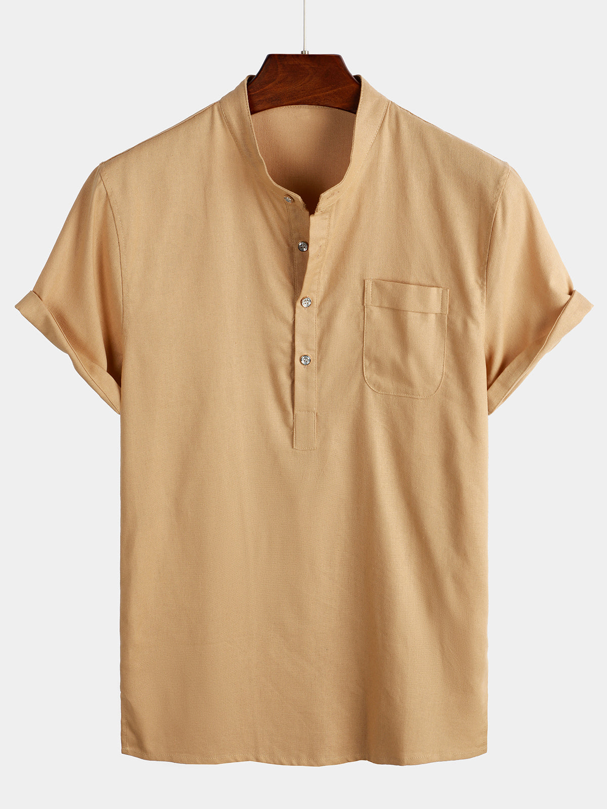 Men's Solid Color Stand Collar Half Button Pocket Front Shirt