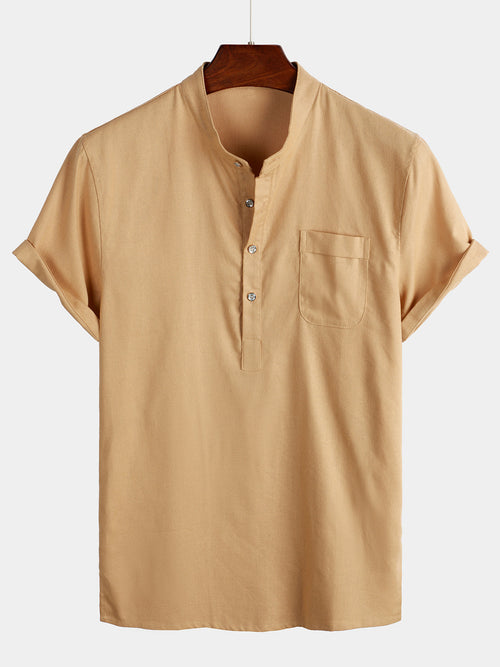 Men's Solid Color Stand Collar Half Button Pocket Front Shirt