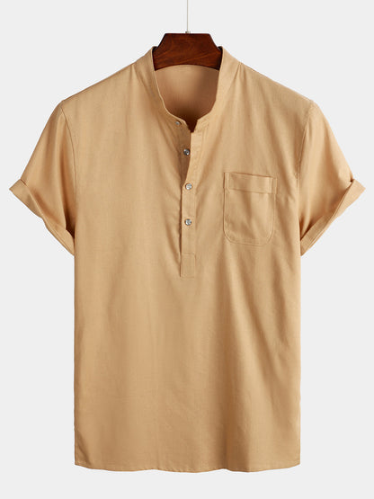 Men's Solid Color Stand Collar Half Button Pocket Front Shirt