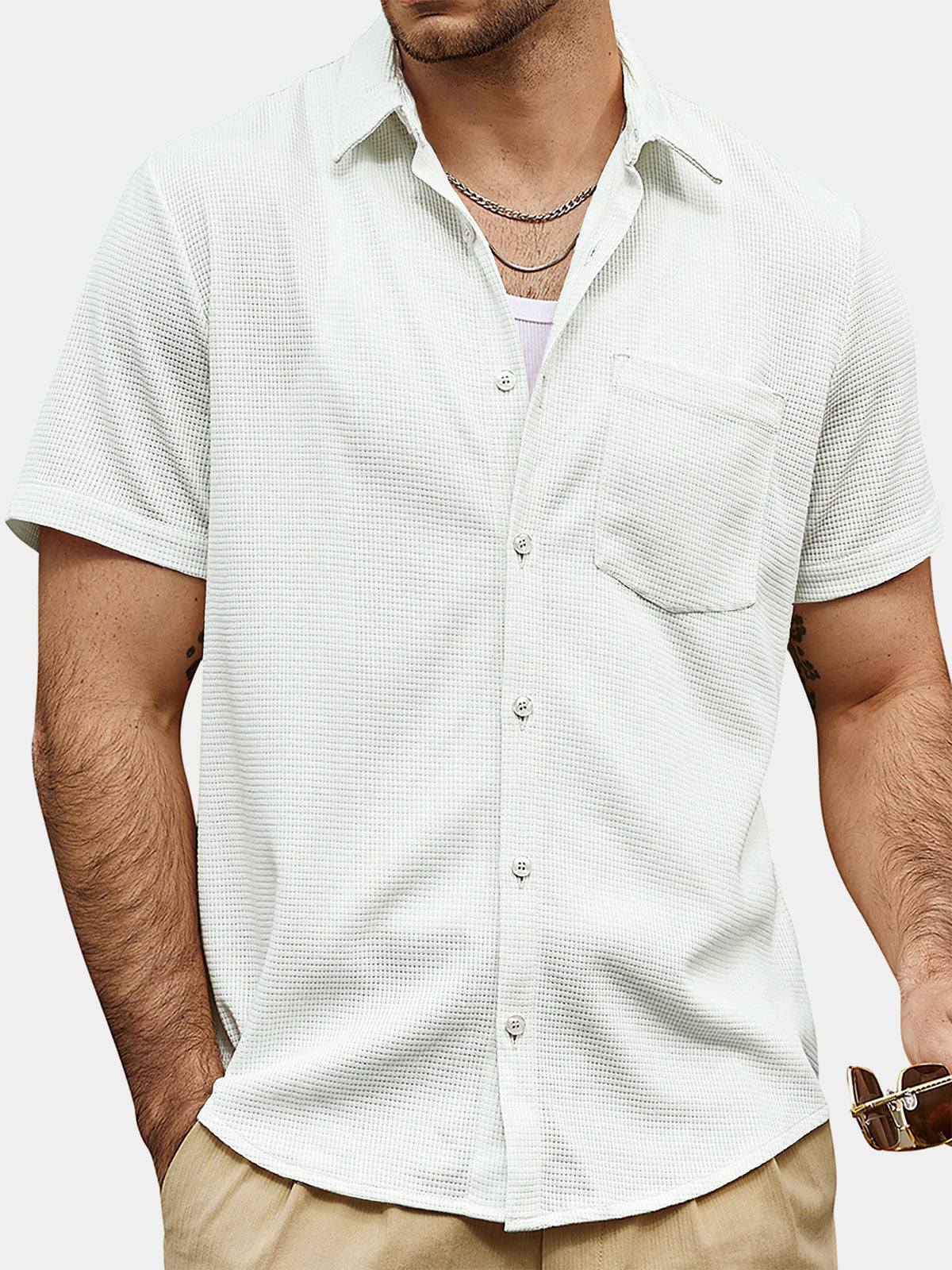 Men's Casual Waffle Summer Beach Short Sleeve Shirt