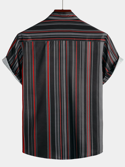 Men's Retro Black And Red Vertical Striped Pocket Vintage 70s Short Sleeve Shirt