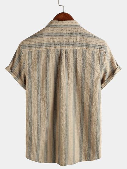 Men's Striped Cotton Casual Pocket Hawaiian Holiday Button Up Short Sleeve Shirt