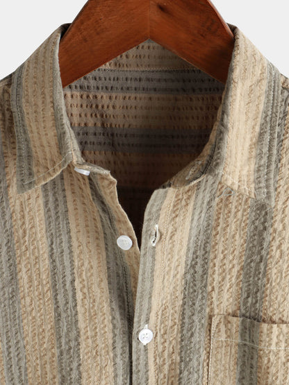 Men's Striped Cotton Casual Pocket Hawaiian Holiday Button Up Short Sleeve Shirt