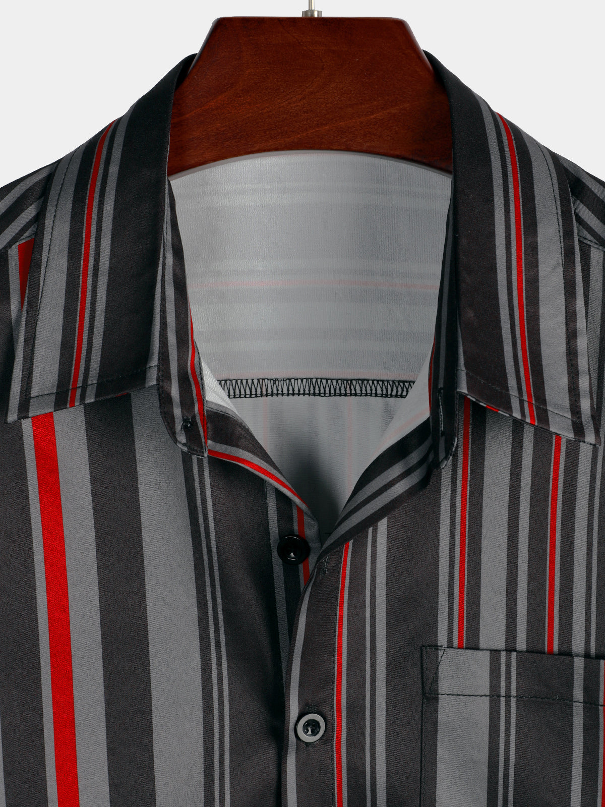 Men's Retro Black And Red Vertical Striped Pocket Vintage 70s Short Sleeve Shirt