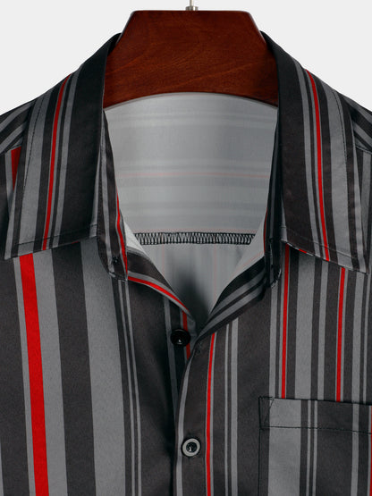 Men's Retro Black And Red Vertical Striped Pocket Vintage 70s Short Sleeve Shirt