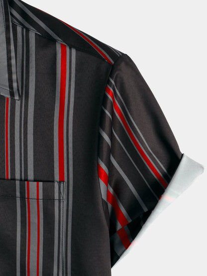 Men's Retro Black And Red Vertical Striped Pocket Vintage 70s Short Sleeve Shirt