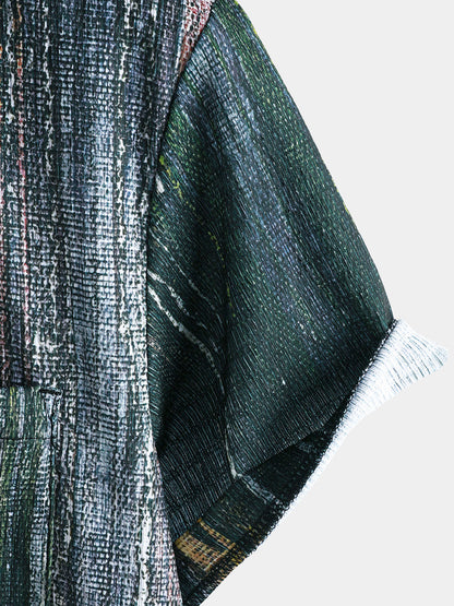 Men’s Green Vintage Striped Hawaiian Button Up Short Sleeve Shirt