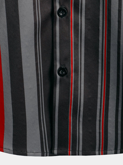 Men's Retro Black And Red Vertical Striped Pocket Vintage 70s Short Sleeve Shirt