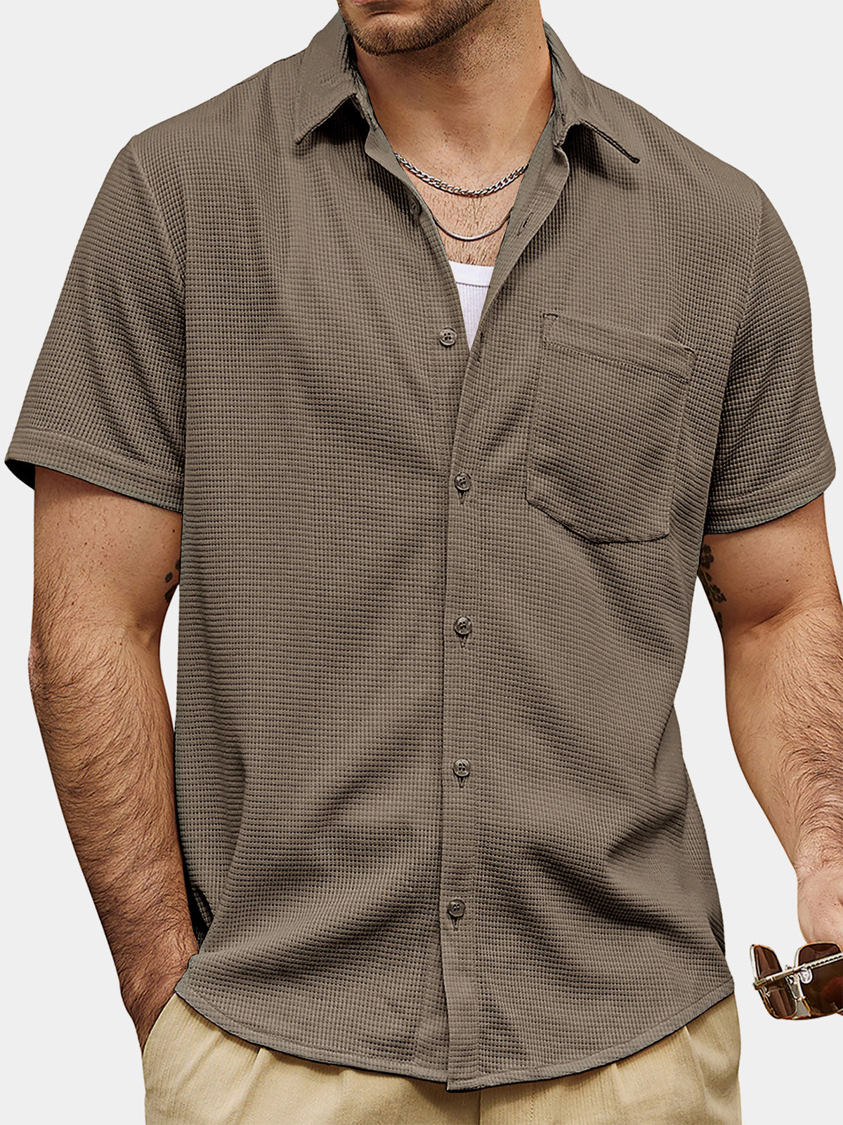Men's Casual Waffle Summer Beach Short Sleeve Shirt