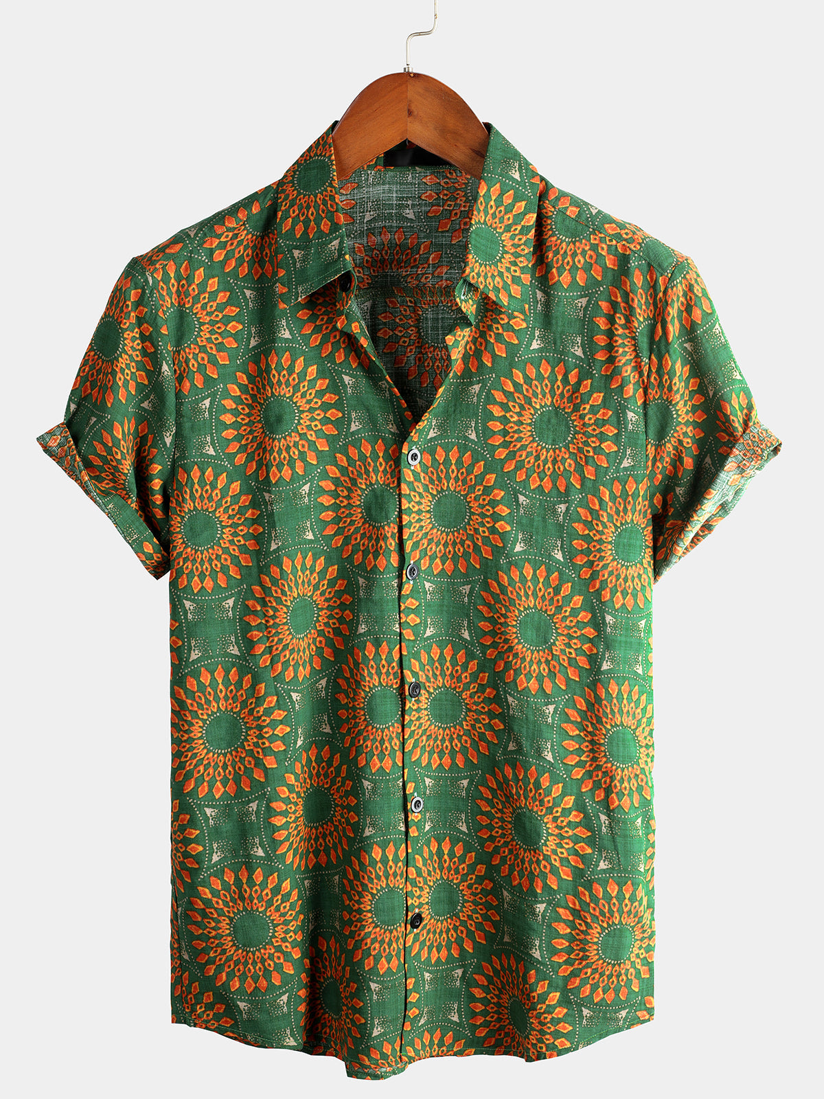 Men's Cotton Vintage 70s Floral Retro Button Up Green Summer Beach Bohemian Boho Short Sleeve Shirt