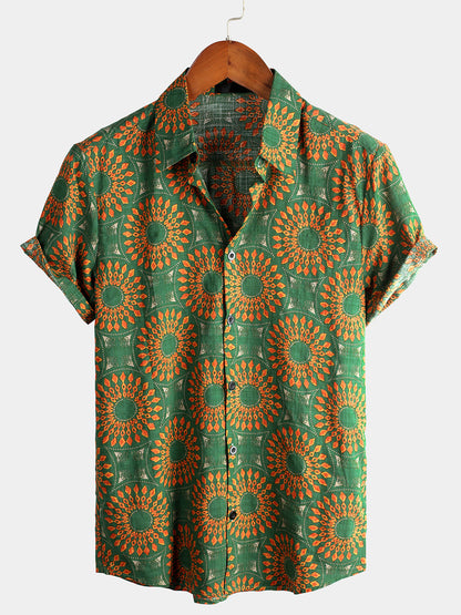 Men's Cotton Vintage 70s Floral Retro Button Up Green Summer Beach Bohemian Boho Short Sleeve Shirt
