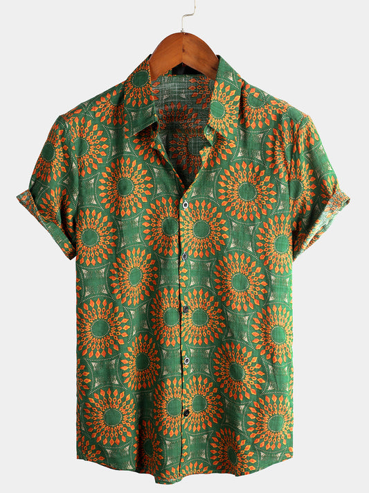 Men's Cotton Vintage 70s Floral Retro Button Up Green Summer Beach Bohemian Boho Short Sleeve Shirt