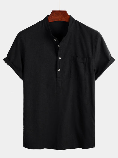 Men's Solid Color Stand Collar Half Button Pocket Front Shirt