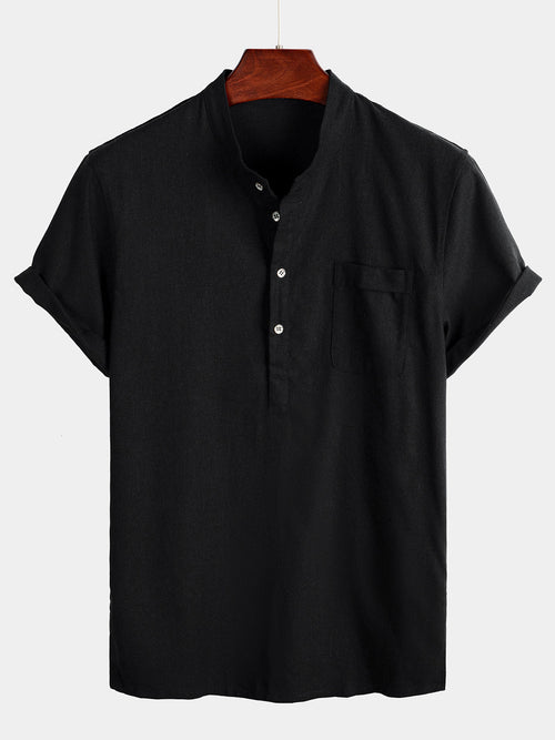 Men's Solid Color Stand Collar Half Button Pocket Front Shirt