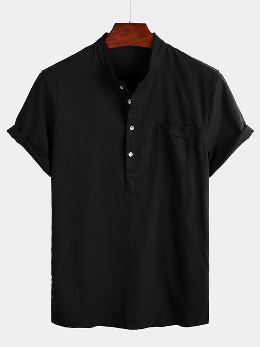 Men's Solid Color Stand Collar Half Button Pocket Front Shirt