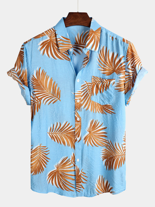 Men's Blue Tropical Leaves Print Pocket Short Sleeve Shirt