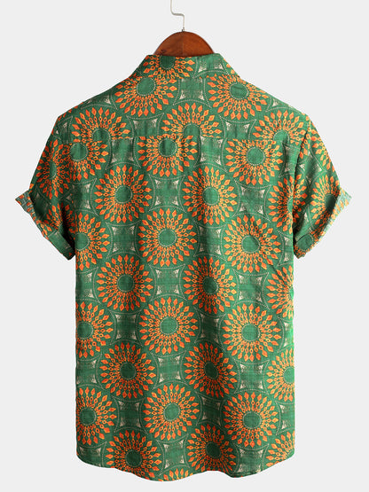 Men's Vintage Short Sleeve Cotton Boho 70s Leisure Button Up Hawaiian Shirt