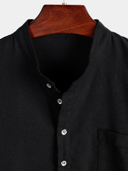 Men's Solid Color Stand Collar Half Button Pocket Front Shirt