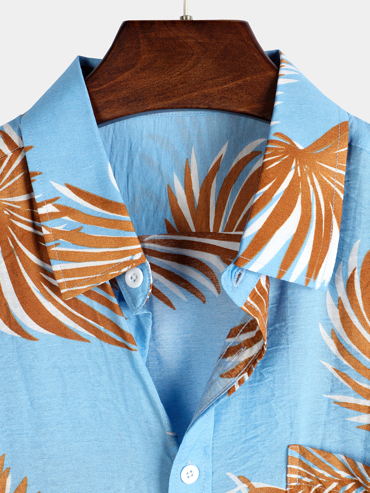 Men's Blue Tropical Leaves Print Pocket Short Sleeve Shirt