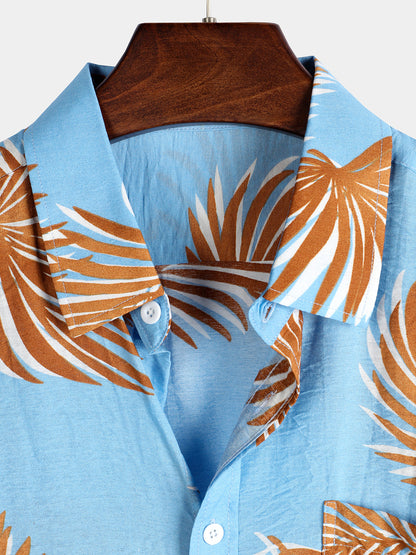 Men's Blue Tropical Leaves Print Pocket Short Sleeve Shirt