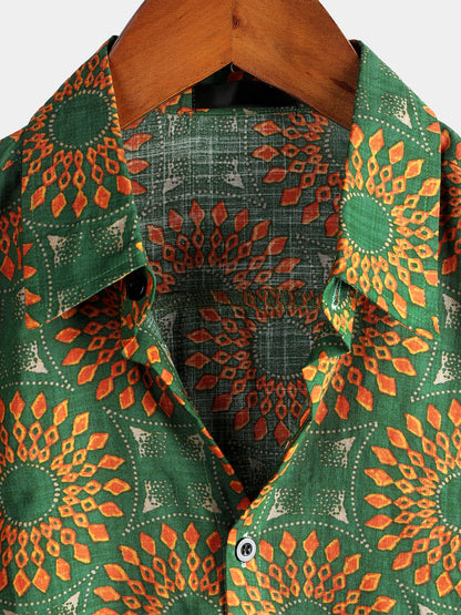 Men's Cotton Vintage 70s Floral Retro Button Up Green Summer Beach Bohemian Boho Short Sleeve Shirt