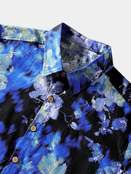 Men’s Tie Dye Floral Short Sleeve Button Up Breathable Cool Casual Shirt