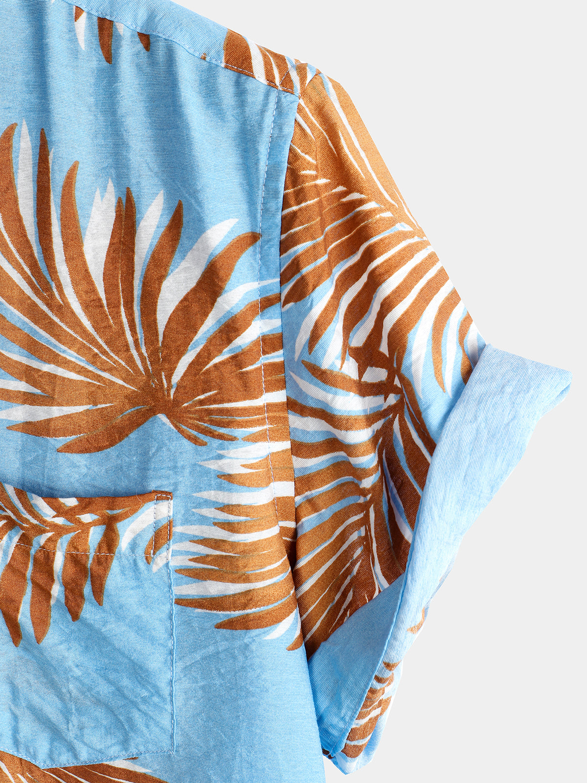 Men's Blue Tropical Leaves Print Pocket Short Sleeve Shirt