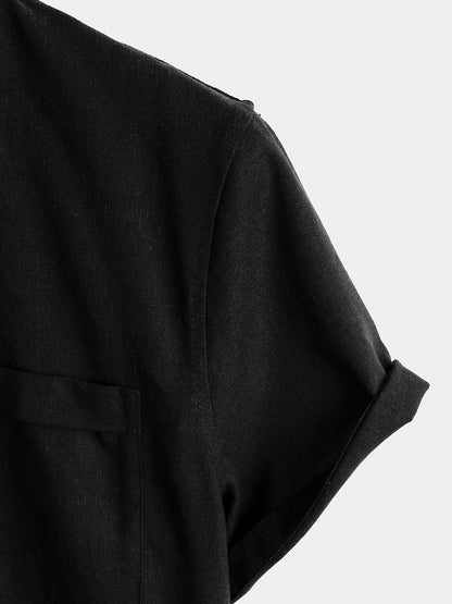 Men's Solid Color Stand Collar Half Button Pocket Front Shirt