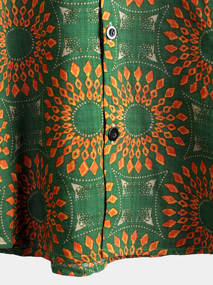 Men's Cotton Vintage 70s Floral Retro Button Up Green Summer Beach Bohemian Boho Short Sleeve Shirt
