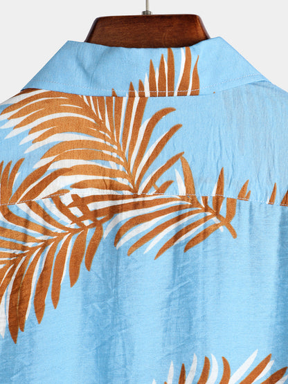 Men's Blue Tropical Leaves Print Pocket Short Sleeve Shirt