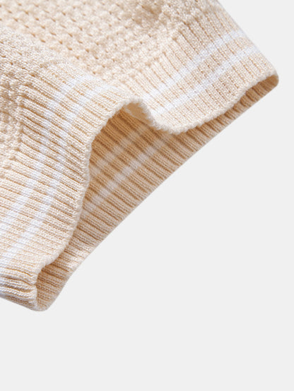 Contrast Johnny Collar Open Knit Polo