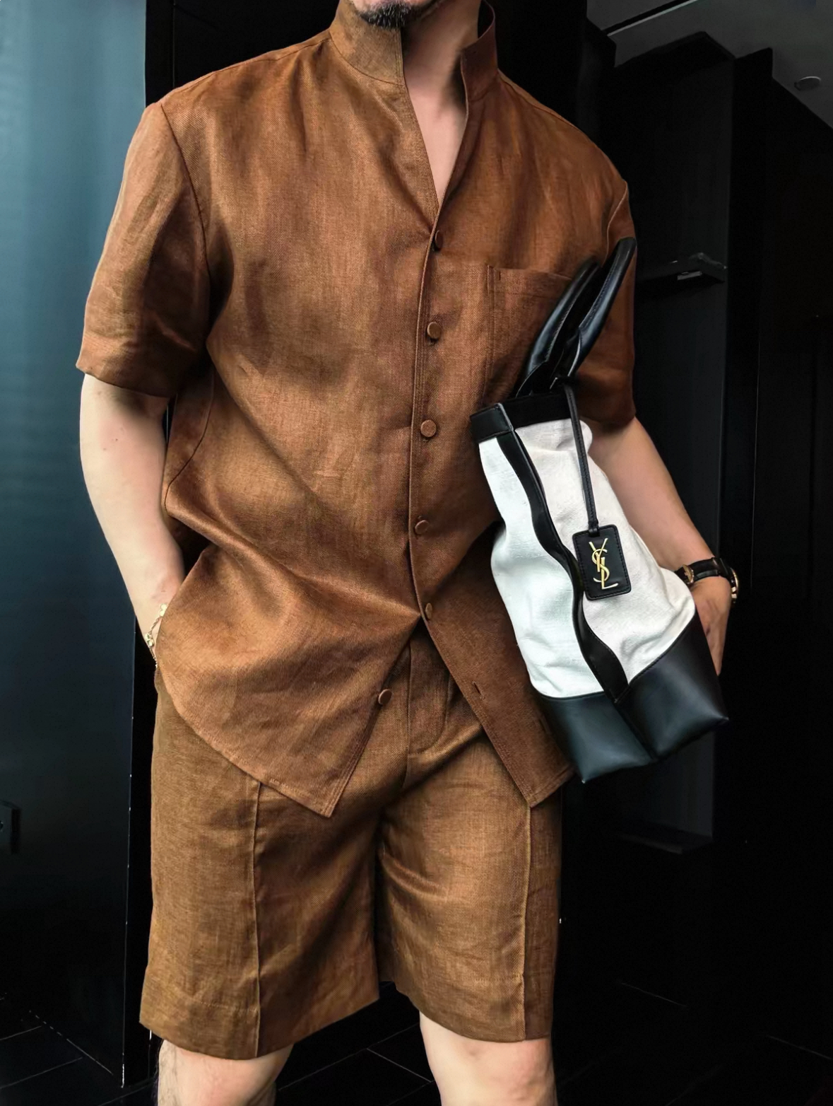 Men's Summer Linen Mandarin Collar Shirt & Shorts Set