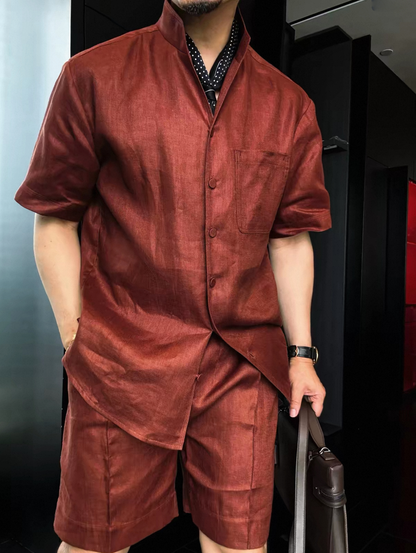 Men's Summer Linen Mandarin Collar Shirt & Shorts Set
