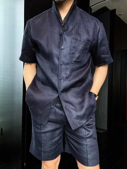 Men's Summer Linen Mandarin Collar Shirt & Shorts Set