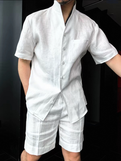 Men's Summer Linen Mandarin Collar Shirt & Shorts Set