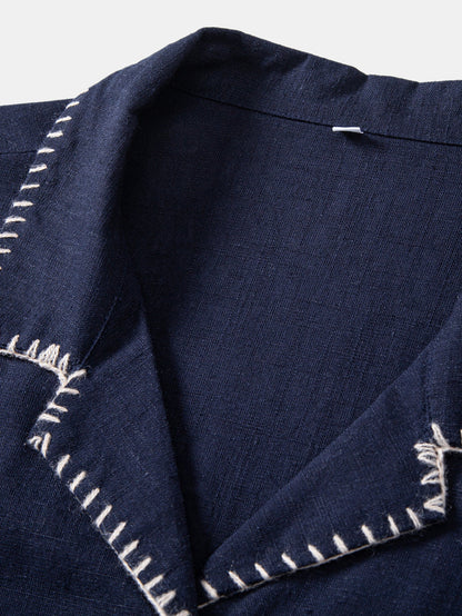 Contrast Stitching Linen Rayon Blend Cuban Shirt